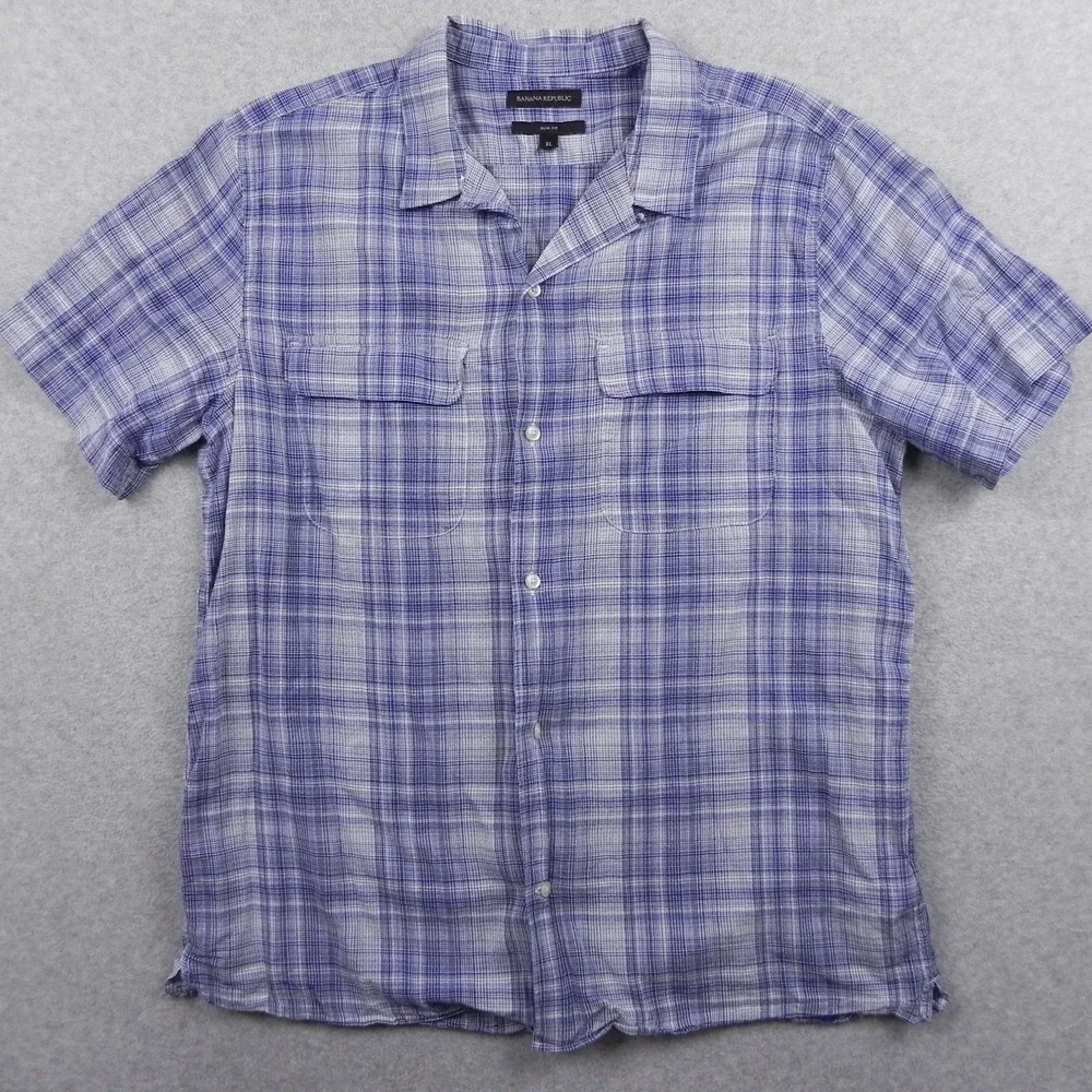Banana Republic Shirt Mens XL Slim Fit Utility Button Up Blue Plaid Short Sleeve